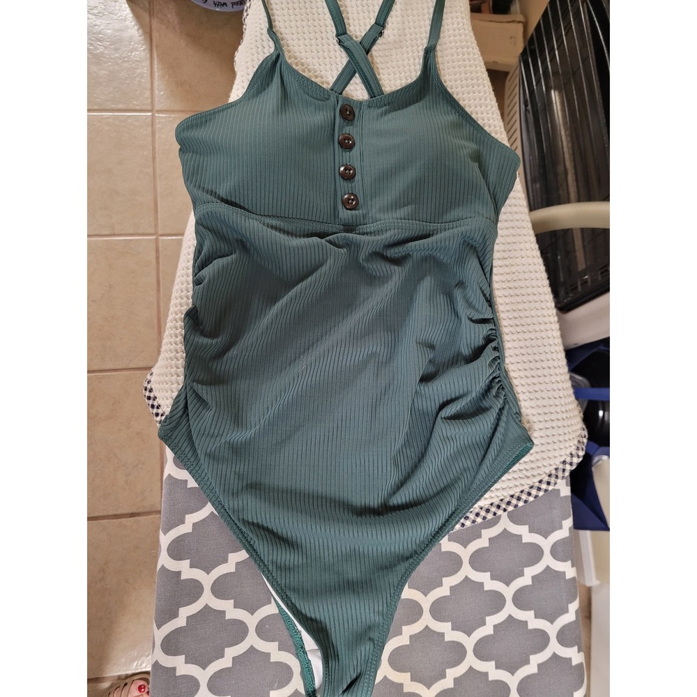 Summer Mae Ribbed 1 Piece Swimsuit Olive Green Buttons Sexy Ruched Side Size S